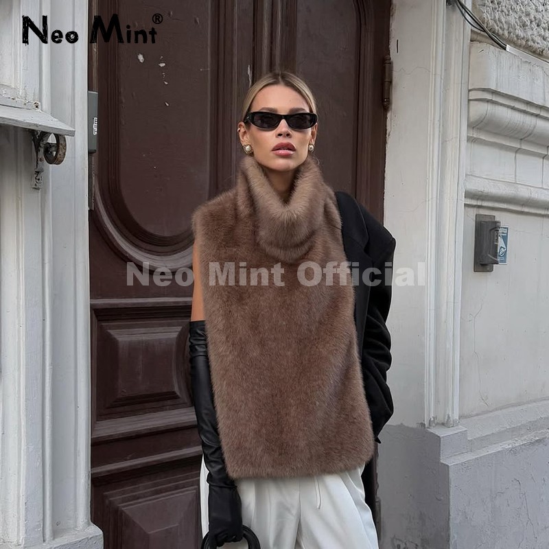 AliExpress Neo Mint 2025 Brand Fashion Faux Fur Sable Vest Crop Top Autumn Winter Turtleneck Eco Mink Fur Tank Tops Sleeveless Jacket Coat