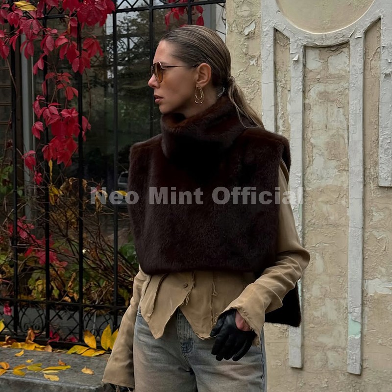 AliExpress Neo Mint 2025 Brand Fashion Faux Fur Sable Vest Crop Top Autumn Winter Turtleneck Eco Mink Fur Tank Tops Sleeveless Jacket Coat, view 3