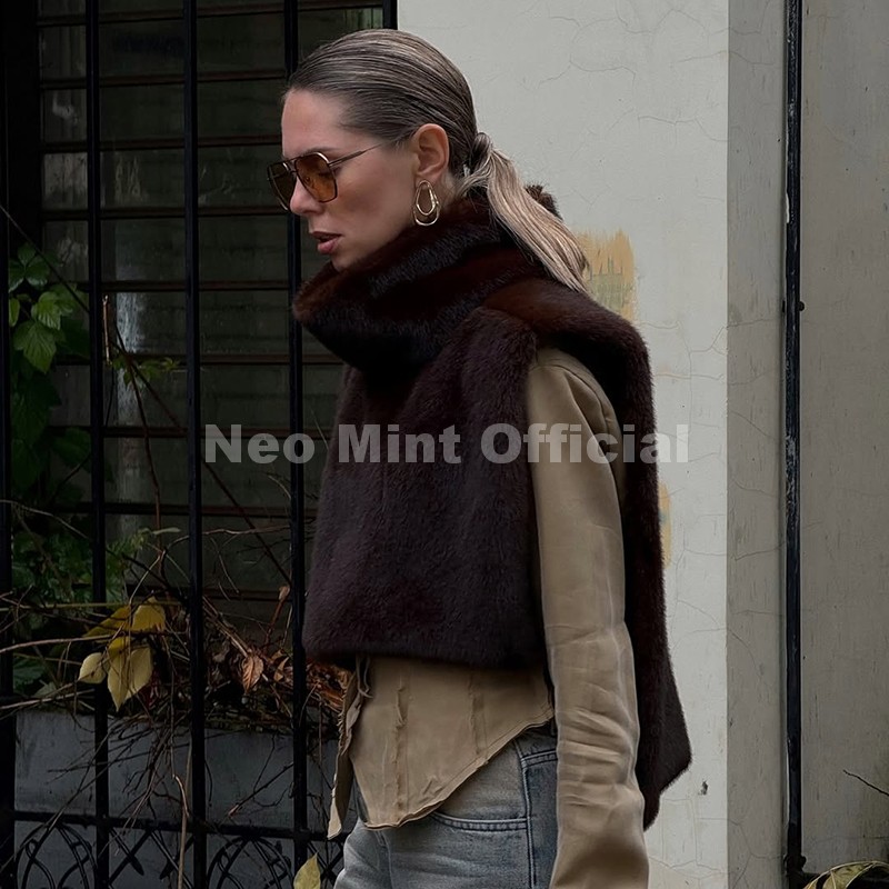 AliExpress Neo Mint 2025 Brand Fashion Faux Fur Sable Vest Crop Top Autumn Winter Turtleneck Eco Mink Fur Tank Tops Sleeveless Jacket Coat, view 4