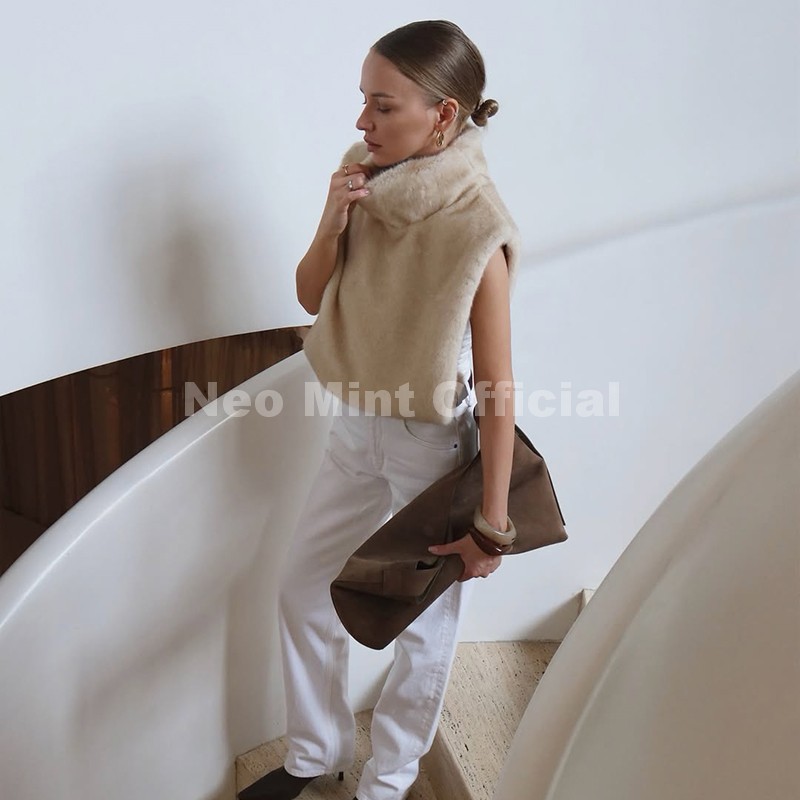 AliExpress Neo Mint 2025 Brand Fashion Faux Fur Sable Vest Crop Top Autumn Winter Turtleneck Eco Mink Fur Tank Tops Sleeveless Jacket Coat, view 5