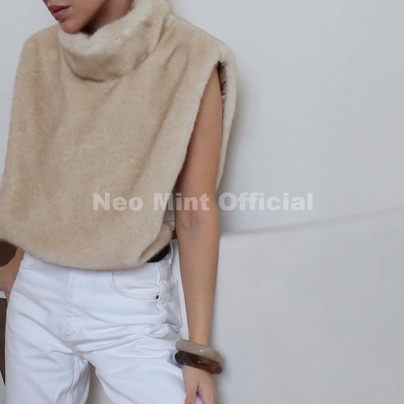 AliExpress Neo Mint 2025 Brand Fashion Faux Fur Sable Vest Crop Top Autumn Winter Turtleneck Eco Mink Fur Tank Tops Sleeveless Jacket Coat, view 6