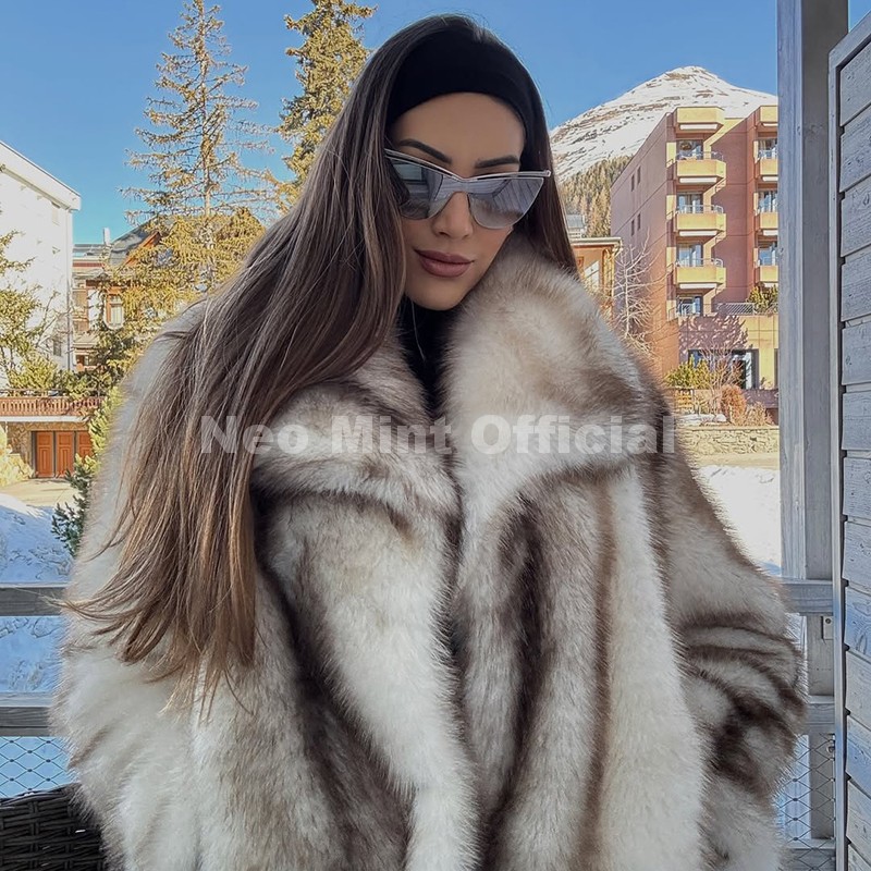 AliExpress Neo Mint 2025 Winter Exclusive Striped Faux Fur Jacket Women Overcoat Brand Blogger Fashion Fluffy Fox Fur Collar Coat Outerwear, view 2