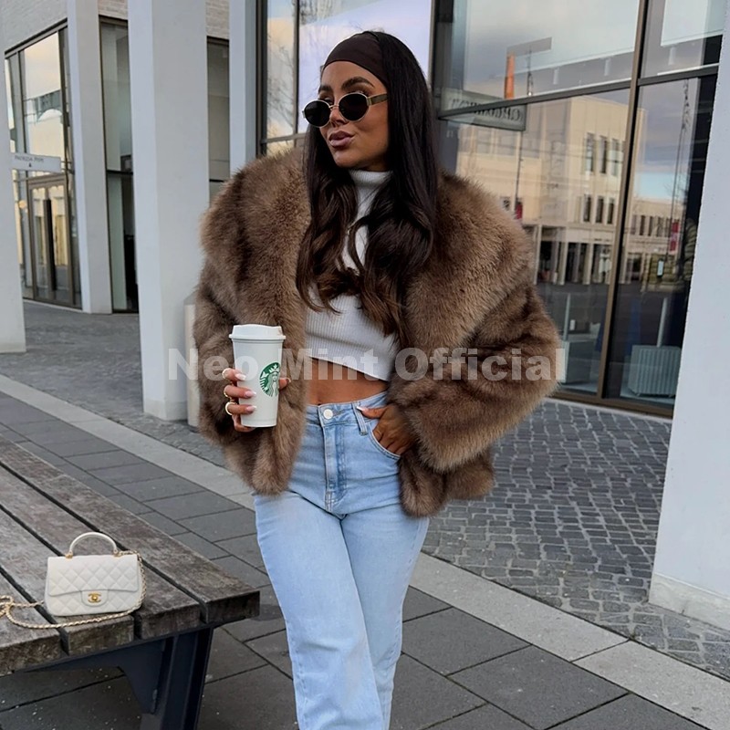AliExpress Neo Mint 2025 Winter Exclusive Striped Faux Fur Jacket Women Overcoat Brand Blogger Fashion Fluffy Fox Fur Collar Coat Outerwear, view 5
