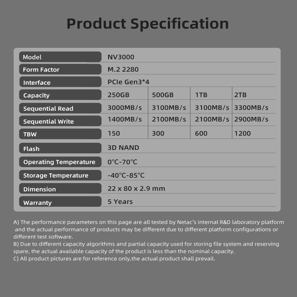 AliExpress Netac NVMe SSD M2 1TB 2TB 500GB 250GB 3500MB/s SSD PCIe3.0 M.2 2280 SInternal Solid State Drives Disk NV3000 for Laptop Desktop, view 6