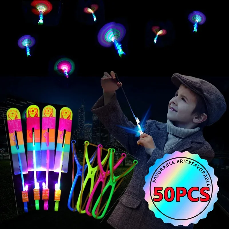AliExpress New 50/30/10/5/1Pc Amazing Light Toy Arrow Rocket Helicopter Flying LED Light Toys Party Fun Best Gifts Rubber Band Catapult