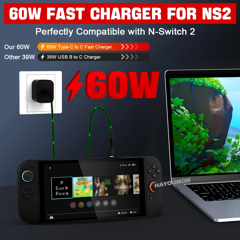 AliExpress New 60W AC Adapter For NS Switch 2 Type C Fast Charger Power Supply Support TV Mode Wall Charger For Switch 2 Game Accessories, view 2