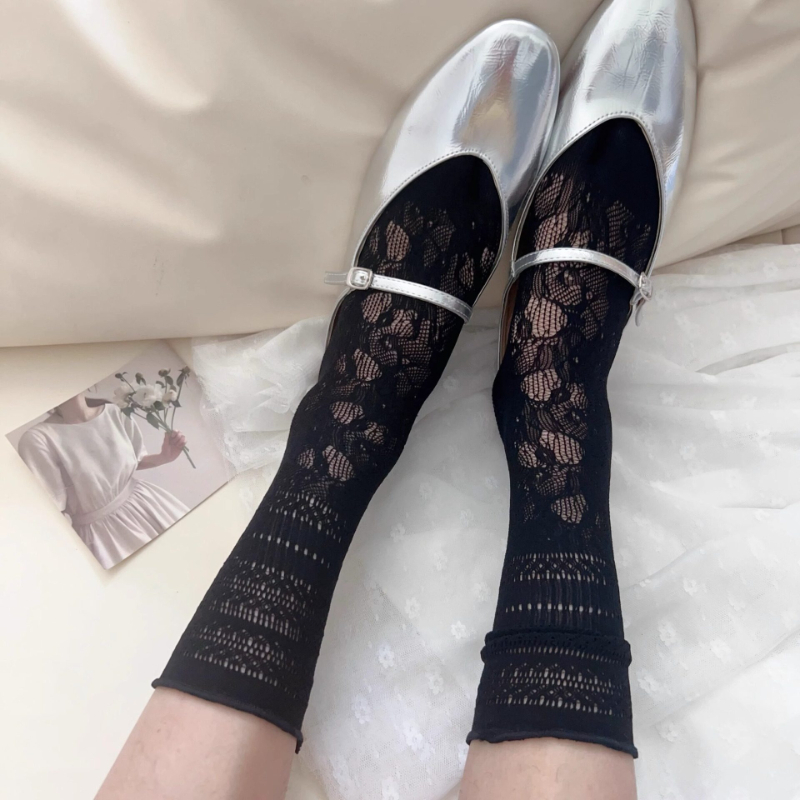 AliExpress New Black Jacquard Tabi Socks Women's Summer Hollowed Floral Pattern Split Toe Sock Lolita Cute Breathable Elastic Two-Toe Socks, view 2