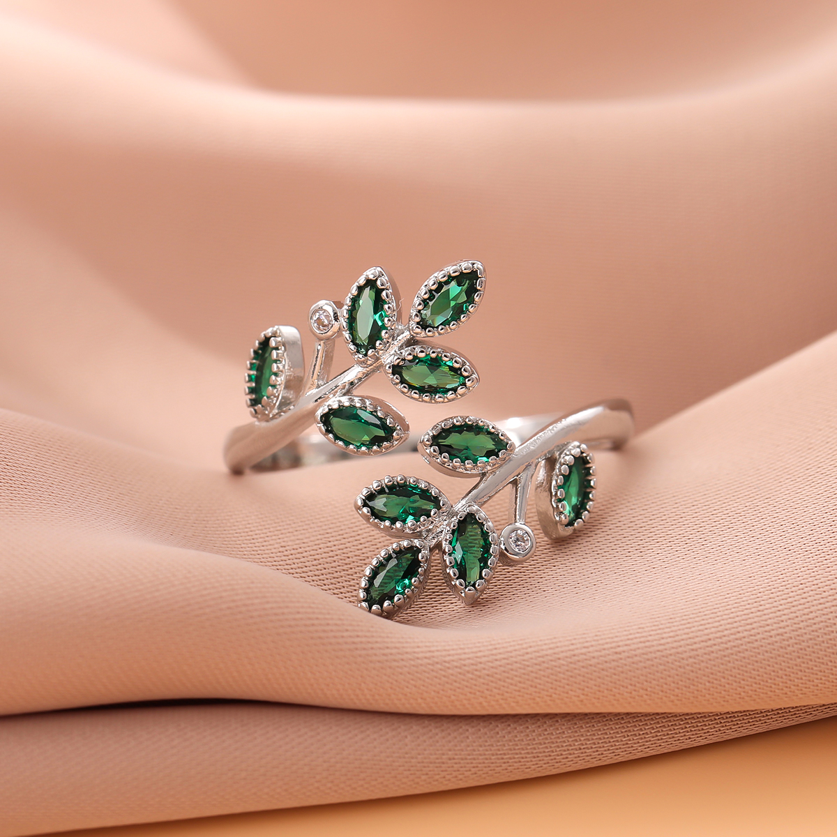 AliExpress Green Crystal Leaf Open Ring in 925 Silver