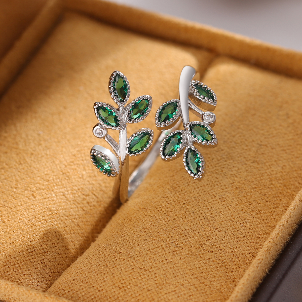 AliExpress Green Crystal Leaf Open Ring in 925 Silver, view 2