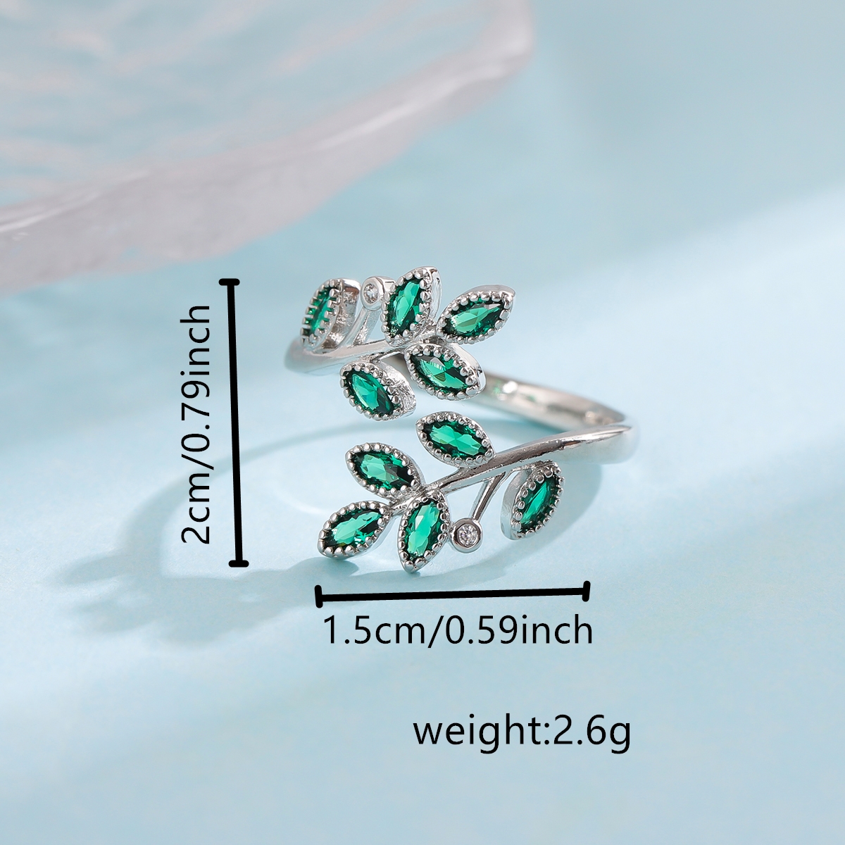AliExpress Green Crystal Leaf Open Ring in 925 Silver, view 4