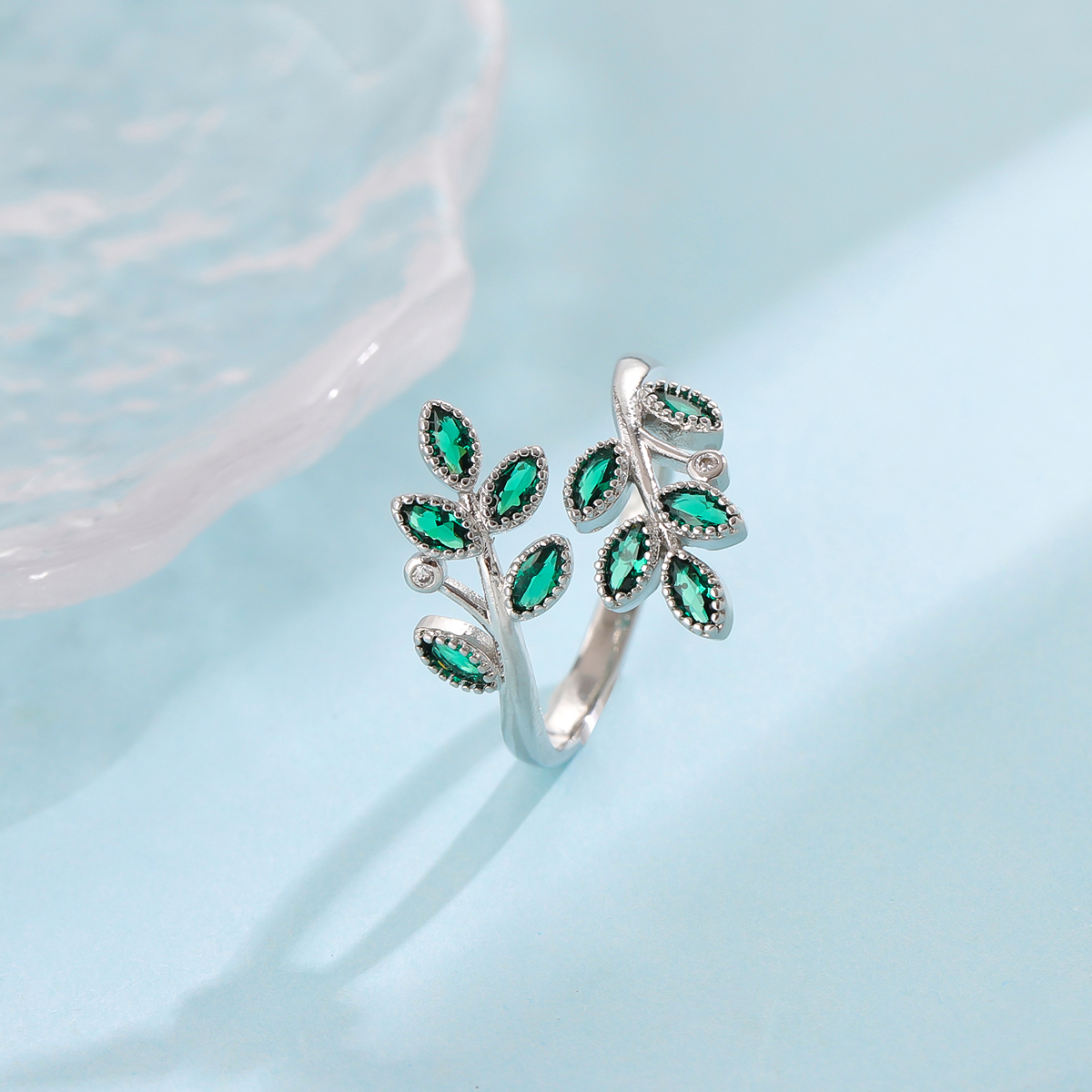 AliExpress Green Crystal Leaf Open Ring in 925 Silver, view 5