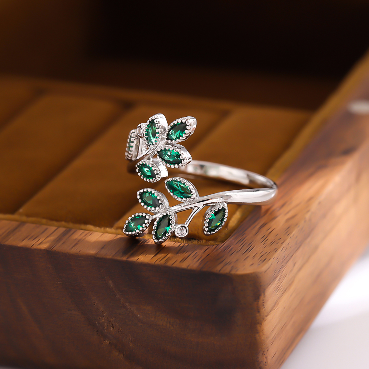 AliExpress Green Crystal Leaf Open Ring in 925 Silver, view 6