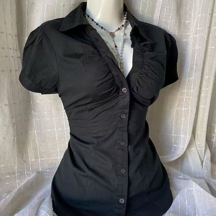 AliExpress New Gothic Black Blouse Y2K Style Short Sleeve Slim Fit Button Up Shirt Harajuku Punk Grunge Aesthetic E-Girl Streetwear Tops