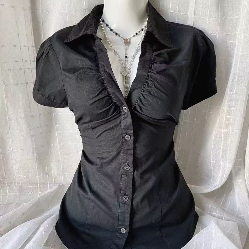 AliExpress New Gothic Black Blouse Y2K Style Short Sleeve Slim Fit Button Up Shirt Harajuku Punk Grunge Aesthetic E-Girl Streetwear Tops, view 2