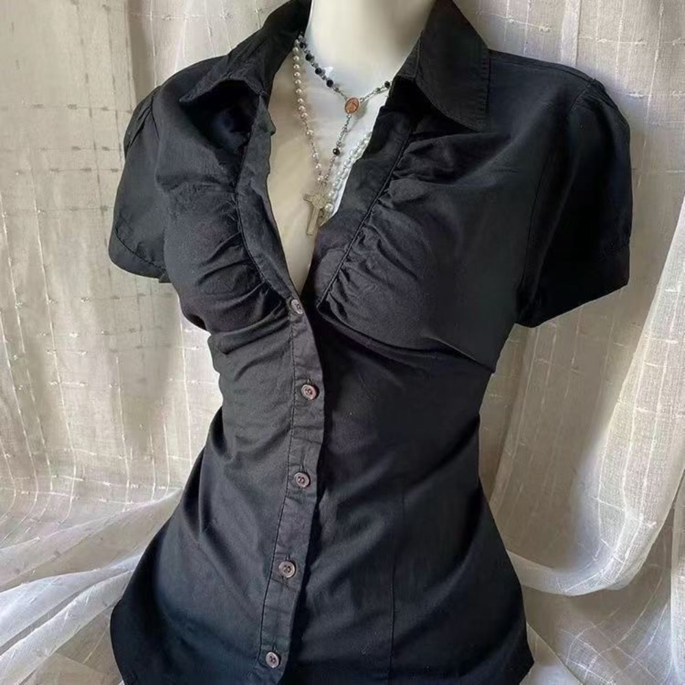 AliExpress New Gothic Black Blouse Y2K Style Short Sleeve Slim Fit Button Up Shirt Harajuku Punk Grunge Aesthetic E-Girl Streetwear Tops, view 3