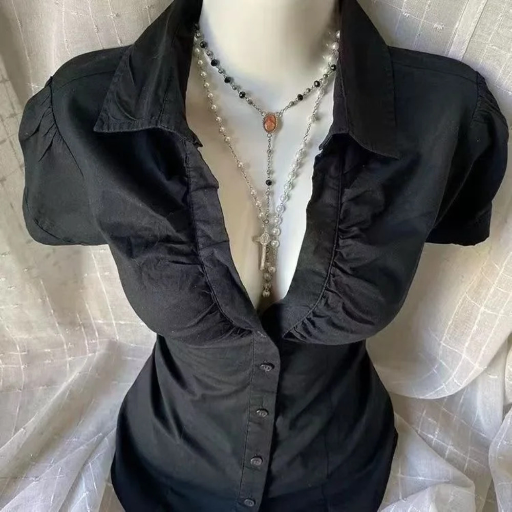 AliExpress New Gothic Black Blouse Y2K Style Short Sleeve Slim Fit Button Up Shirt Harajuku Punk Grunge Aesthetic E-Girl Streetwear Tops, view 4