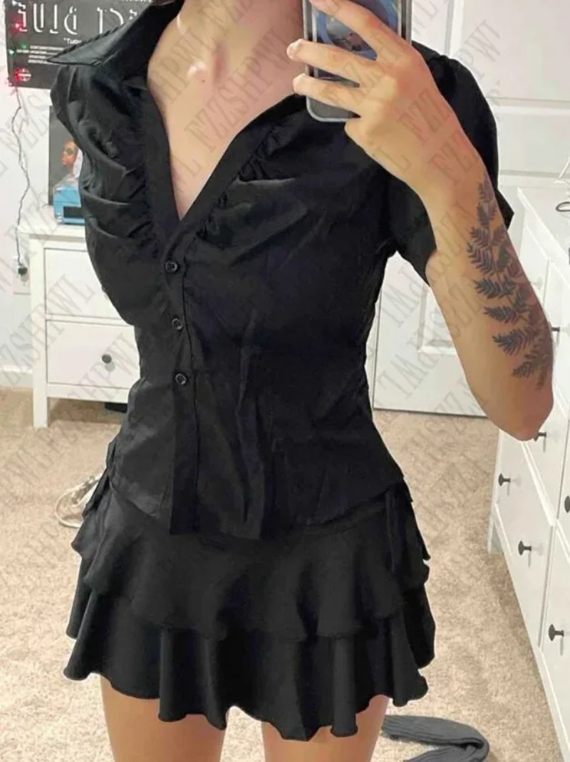 AliExpress New Gothic Black Blouse Y2K Style Short Sleeve Slim Fit Button Up Shirt Harajuku Punk Grunge Aesthetic E-Girl Streetwear Tops, view 6