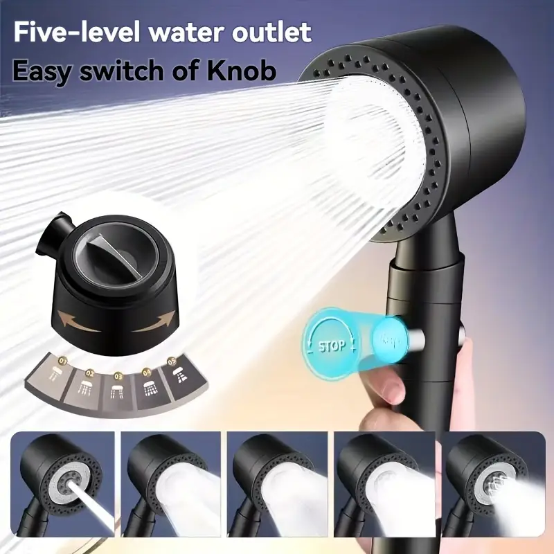AliExpress New High Pressure Water Saving Filter Shower Head 5 Modes Handheld Shower Head One Button Stop Bathroom Accessories Set, view 2
