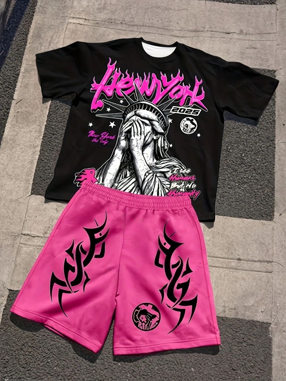 AliExpress New Men's Summer Statue of Liberty Printed Comfortable Breathable Round Neck T-shirt Drawstring Shorts Set Outdoor Street Wear