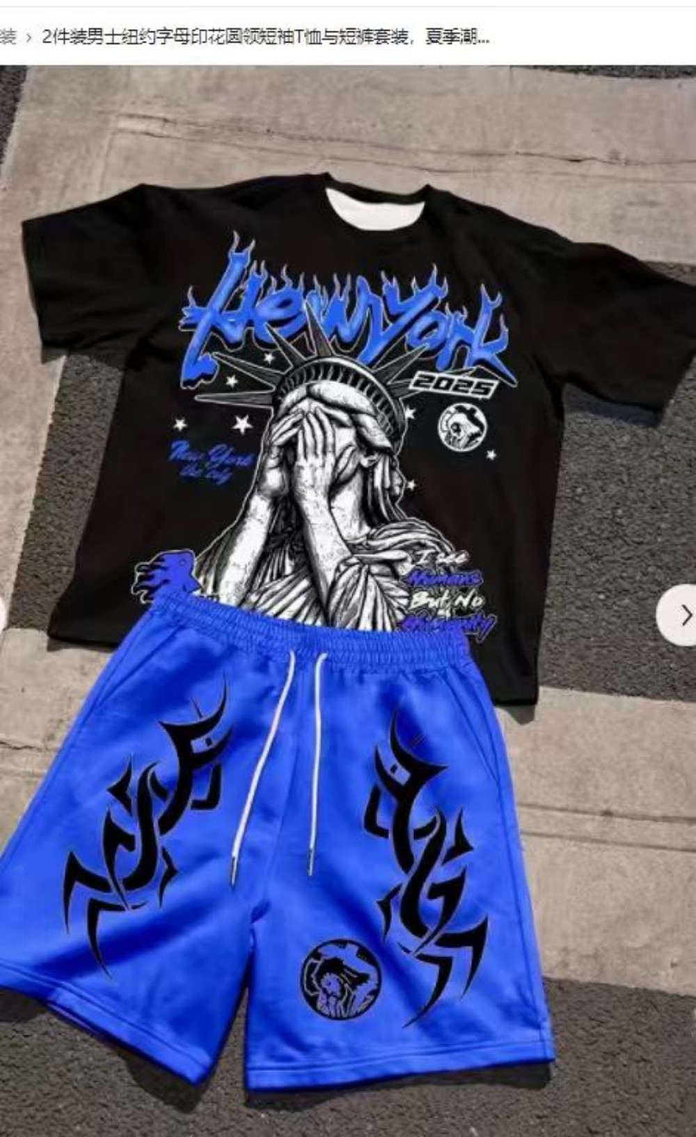 AliExpress New Men's Summer Statue of Liberty Printed Comfortable Breathable Round Neck T-shirt Drawstring Shorts Set Outdoor Street Wear, view 2