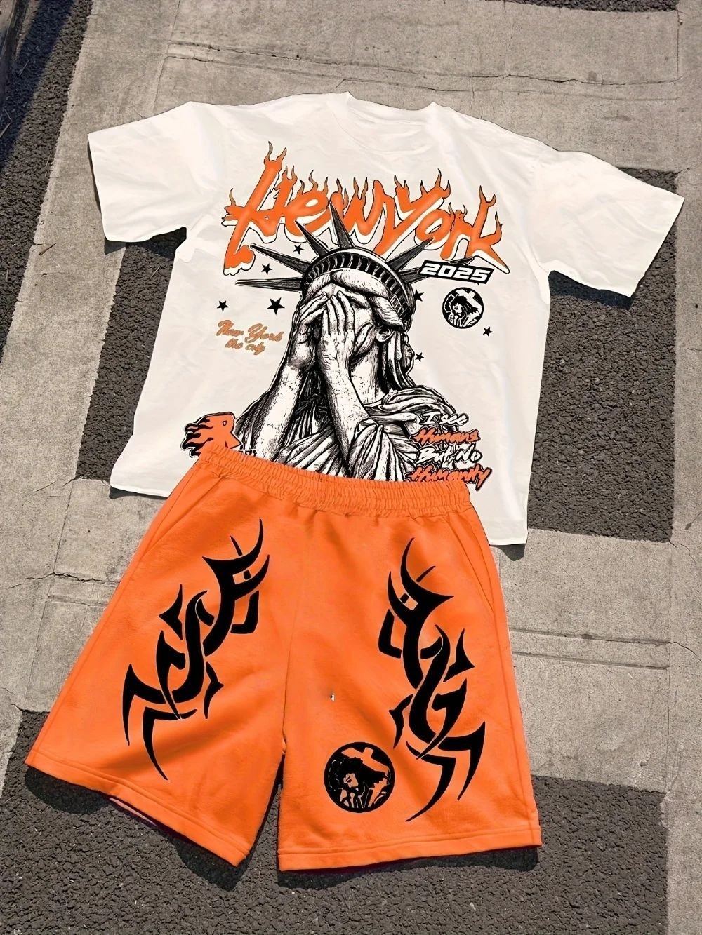 AliExpress New Men's Summer Statue of Liberty Printed Comfortable Breathable Round Neck T-shirt Drawstring Shorts Set Outdoor Street Wear, view 3