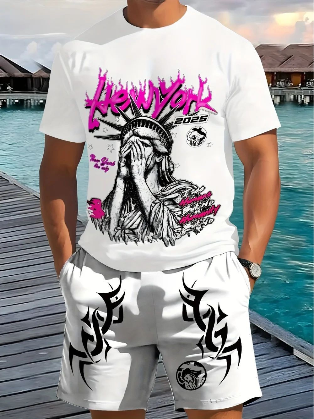 AliExpress New Men's Summer Statue of Liberty Printed Comfortable Breathable Round Neck T-shirt Drawstring Shorts Set Outdoor Street Wear, view 6