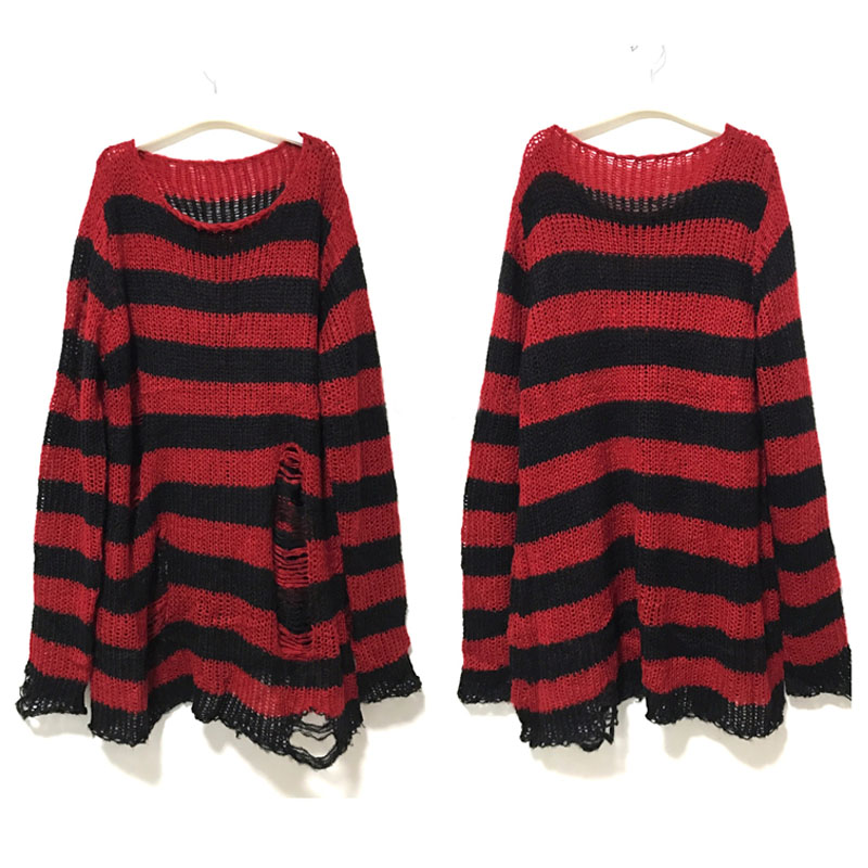 AliExpress New Punk Gothic Long Unisex Sweater Summer Women Striped Cool Hollow Out Hole Broken Jumper Loose Rock Thin Dark Streetwear Top