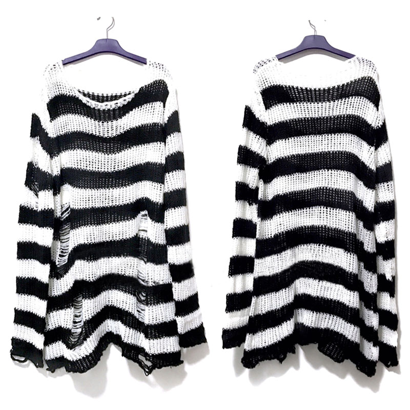 AliExpress New Punk Gothic Long Unisex Sweater Summer Women Striped Cool Hollow Out Hole Broken Jumper Loose Rock Thin Dark Streetwear Top, view 2