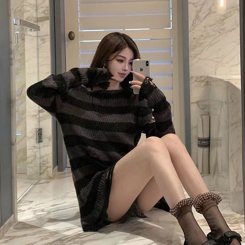 AliExpress New Punk Gothic Long Unisex Sweater Summer Women Striped Cool Hollow Out Hole Broken Jumper Loose Rock Thin Dark Streetwear Top, view 3