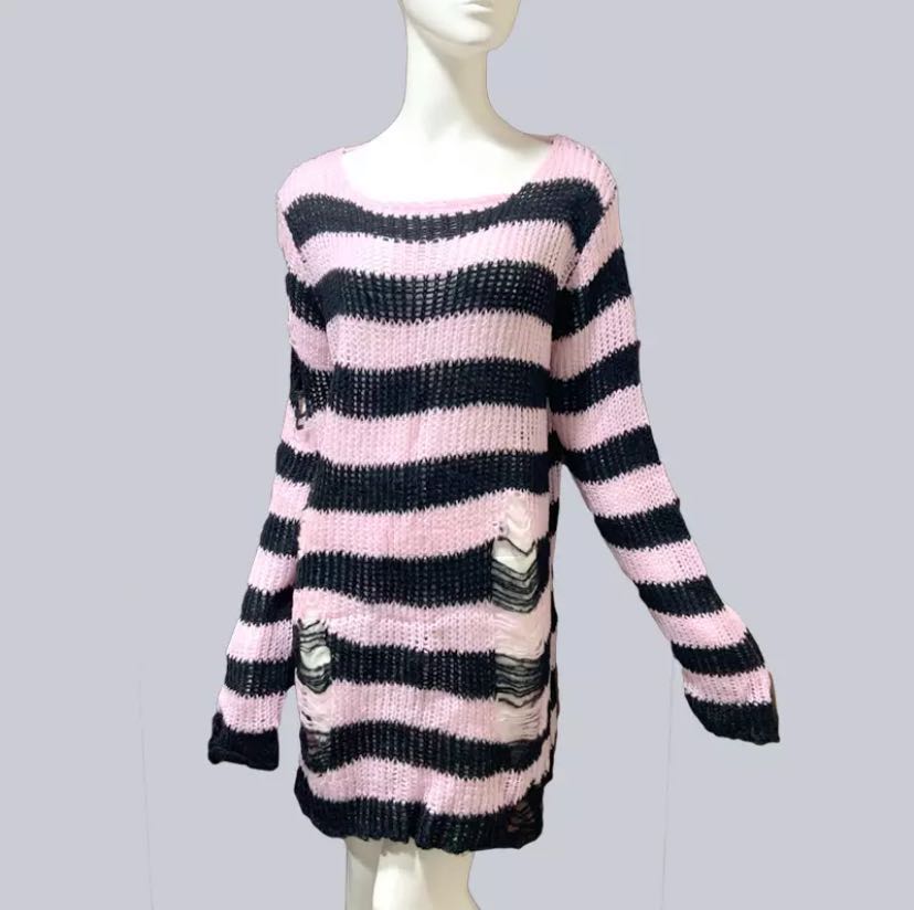 AliExpress New Punk Gothic Long Unisex Sweater Summer Women Striped Cool Hollow Out Hole Broken Jumper Loose Rock Thin Dark Streetwear Top, view 4