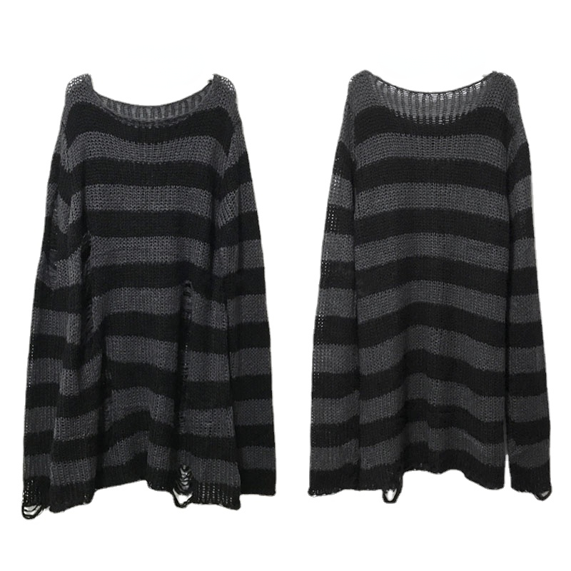 AliExpress New Punk Gothic Long Unisex Sweater Summer Women Striped Cool Hollow Out Hole Broken Jumper Loose Rock Thin Dark Streetwear Top, view 5