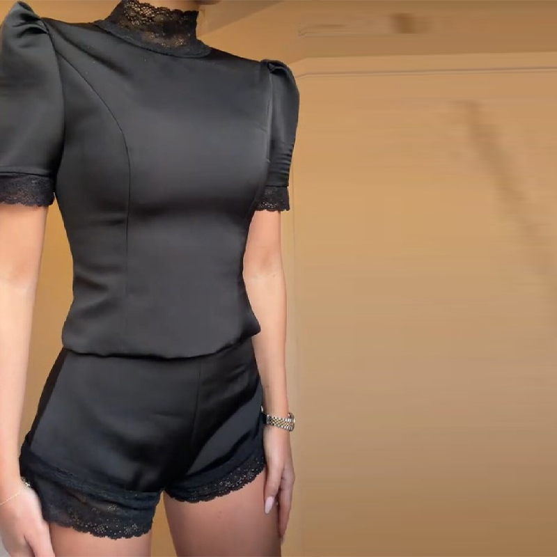 AliExpress New Satin Lace Edge Top Short Sets For Women High Neck Padded Shoulder Blouse Low Waist Shorts 2026 Lady Spring Summer Outfits