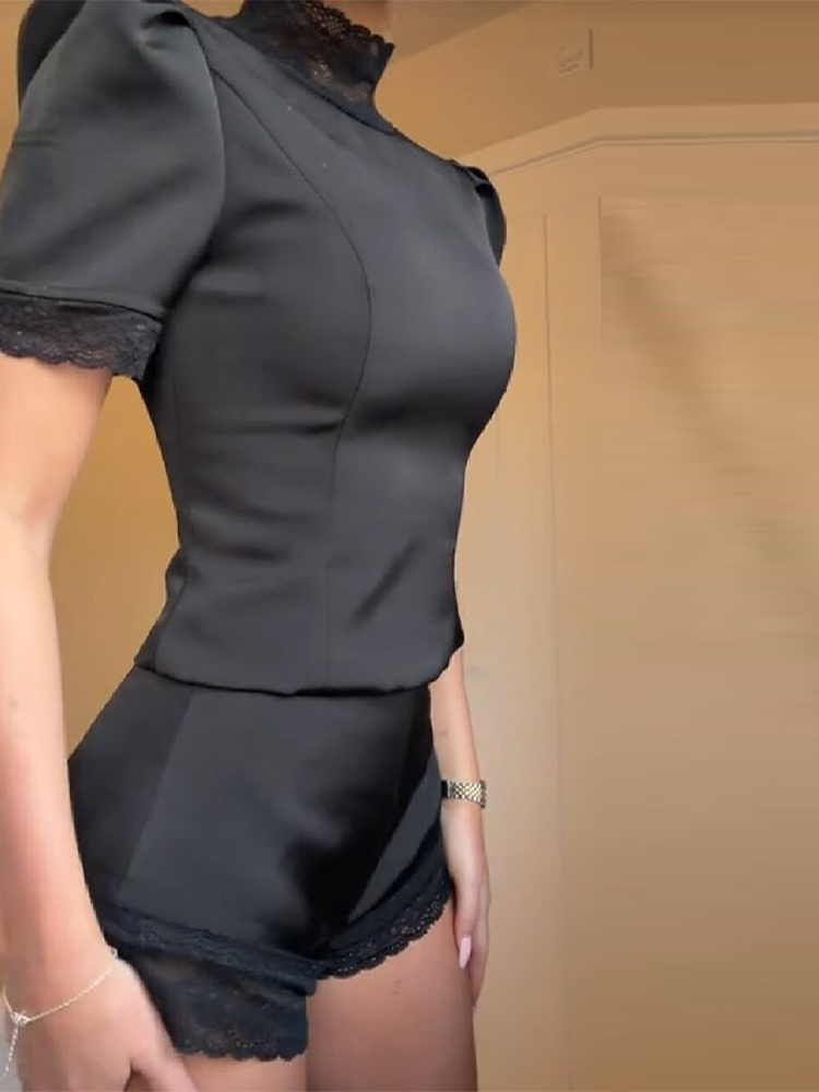 AliExpress New Satin Lace Edge Top Short Sets For Women High Neck Padded Shoulder Blouse Low Waist Shorts 2026 Lady Spring Summer Outfits, view 2