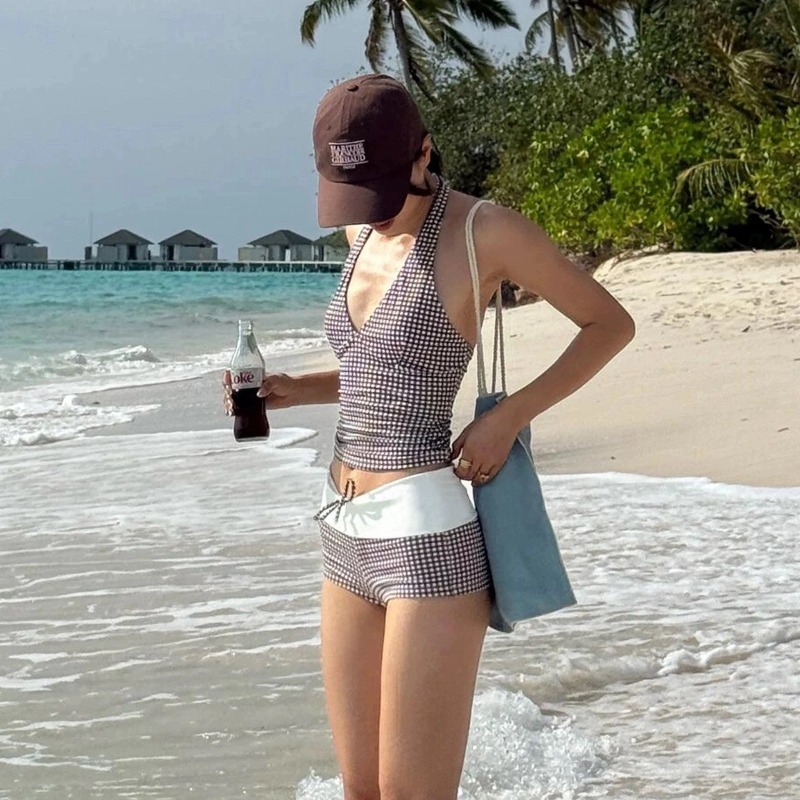 AliExpress New Sexy Deep V Push Up Bikini Set High Waisted Checkered Brief Tummy Control Backless Two Piece Swimsuit for Beach Vacation, view 2