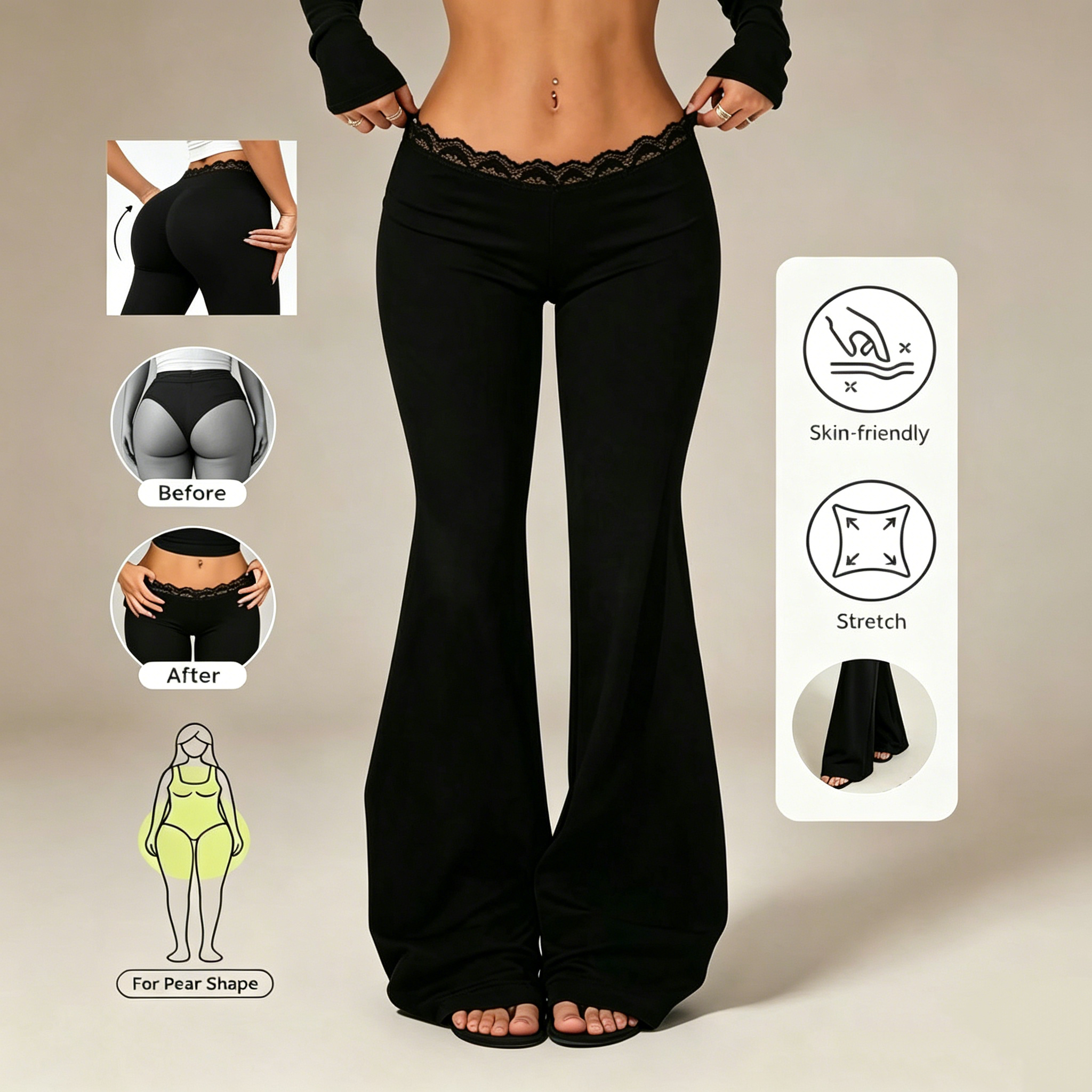AliExpress New Sexy Lace High Waisted Leggings for Girls, Flared Pants, Daily Casual Elastic Breathable Pants, Women's Clothing for Travel