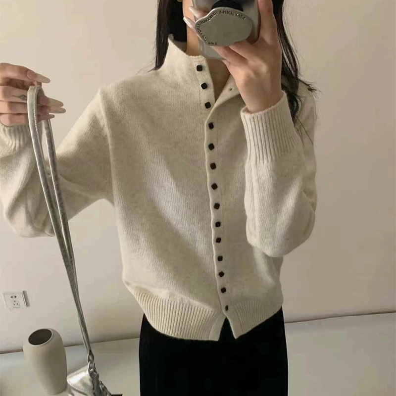 AliExpress New Soft Comfortable Stand-Up Collar Sweater Cardigan Women Simple Single Breasted Cardigans Coat Autumn Solid Knitted Outerwear