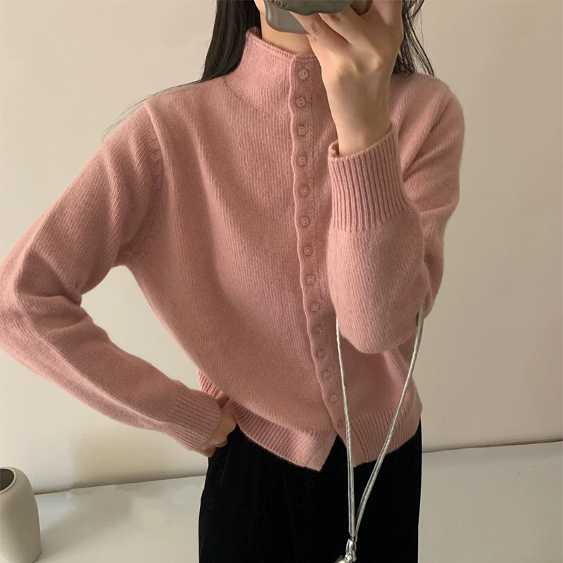 AliExpress New Soft Comfortable Stand-Up Collar Sweater Cardigan Women Simple Single Breasted Cardigans Coat Autumn Solid Knitted Outerwear, view 5