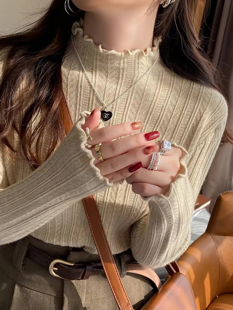 AliExpress New Women's Autumn and Winter Solid Color Ruffled Semi-turtleneck Long-sleeved Knitted Sweater Casual Women's Knitted Pullovers