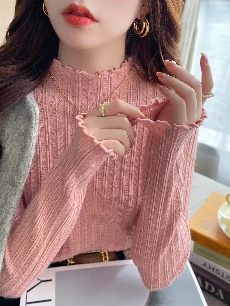 AliExpress New Women's Autumn and Winter Solid Color Ruffled Semi-turtleneck Long-sleeved Knitted Sweater Casual Women's Knitted Pullovers, view 2