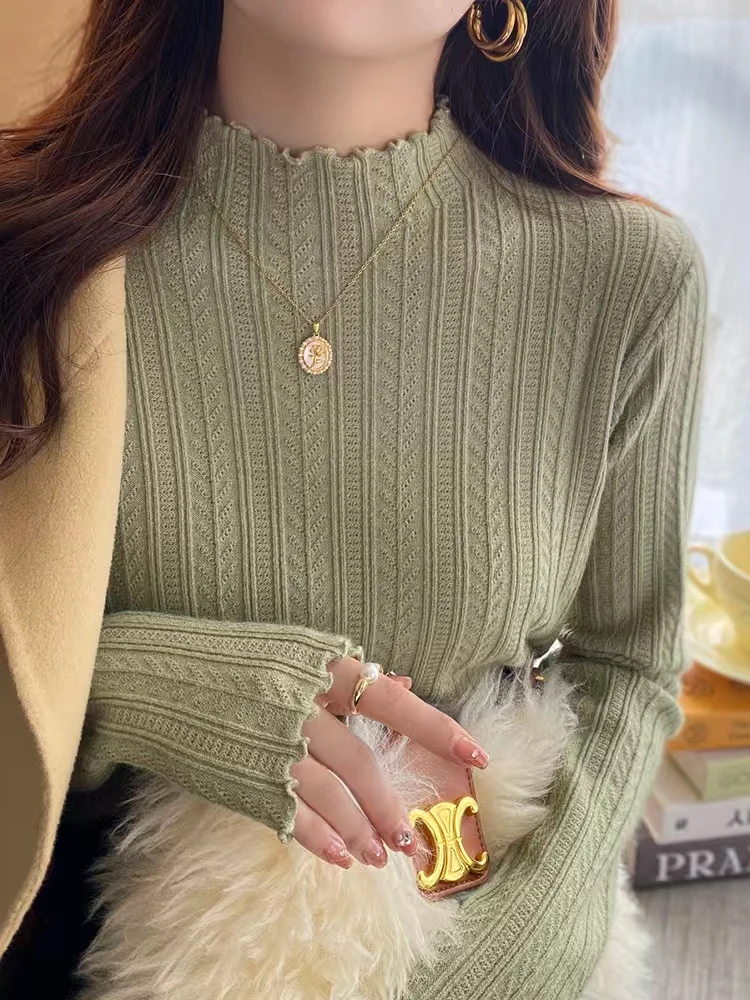 AliExpress New Women's Autumn and Winter Solid Color Ruffled Semi-turtleneck Long-sleeved Knitted Sweater Casual Women's Knitted Pullovers, view 3