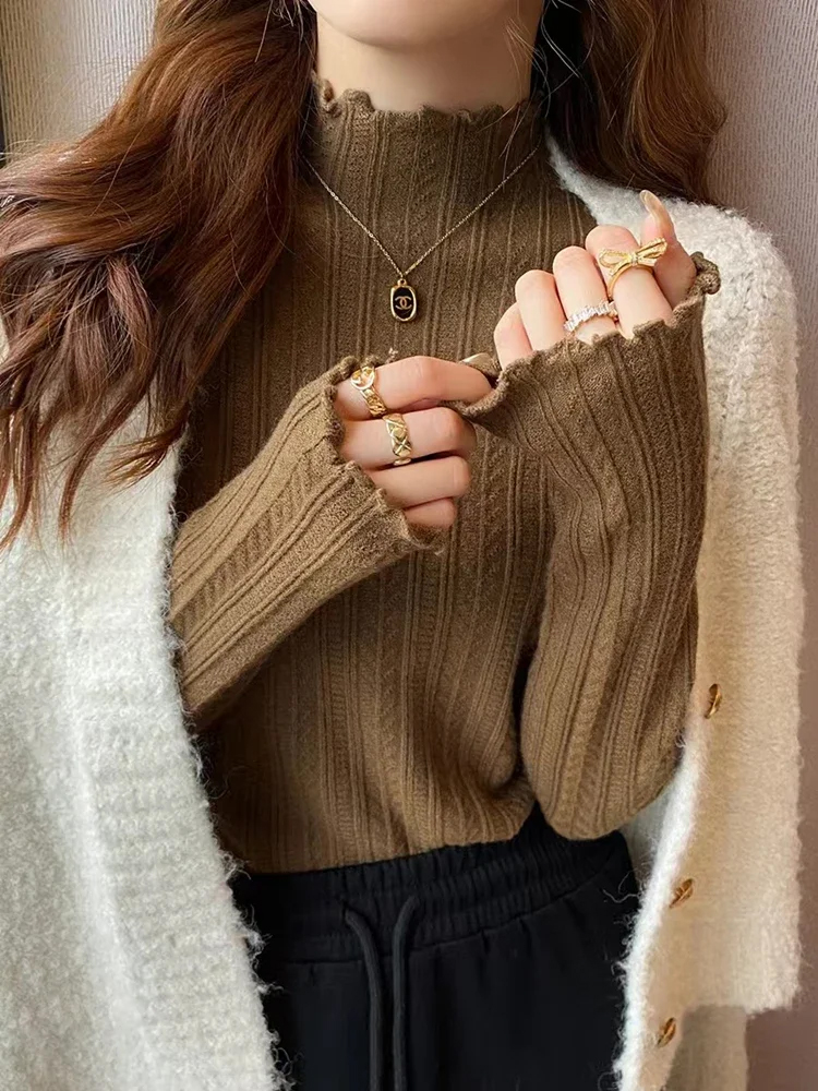 AliExpress New Women's Autumn and Winter Solid Color Ruffled Semi-turtleneck Long-sleeved Knitted Sweater Casual Women's Knitted Pullovers, view 4
