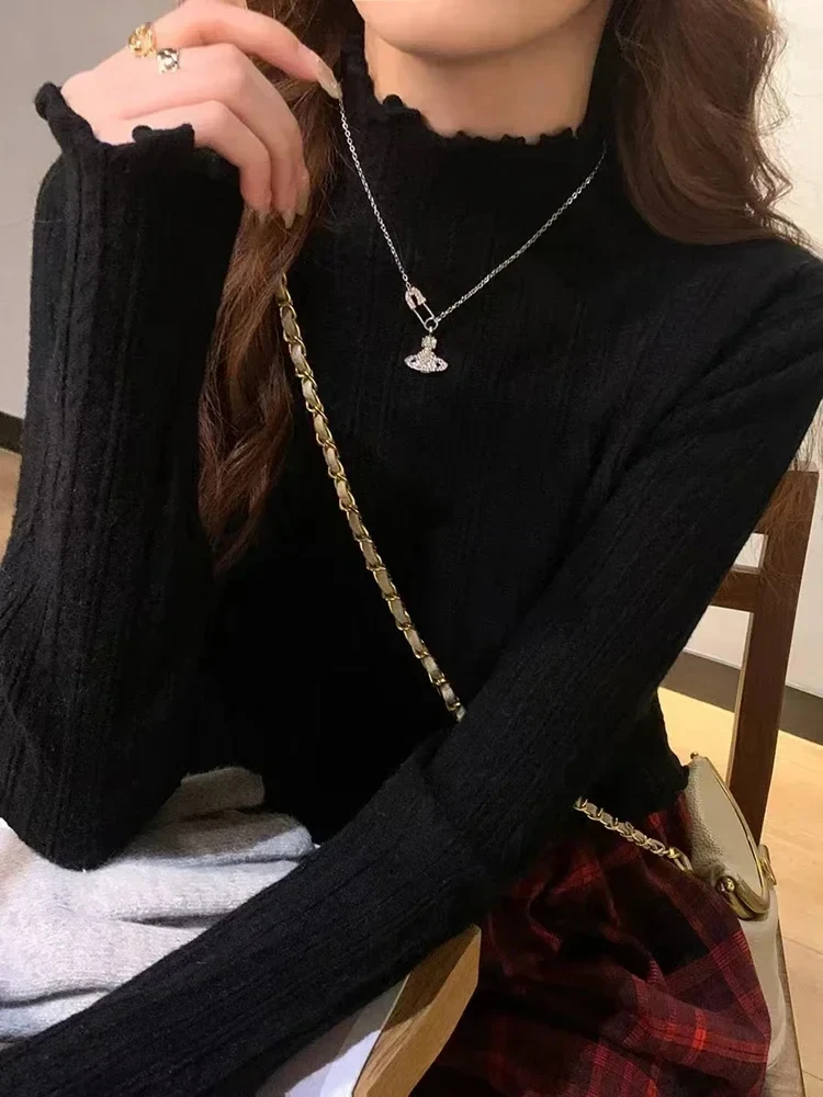 AliExpress New Women's Autumn and Winter Solid Color Ruffled Semi-turtleneck Long-sleeved Knitted Sweater Casual Women's Knitted Pullovers, view 5