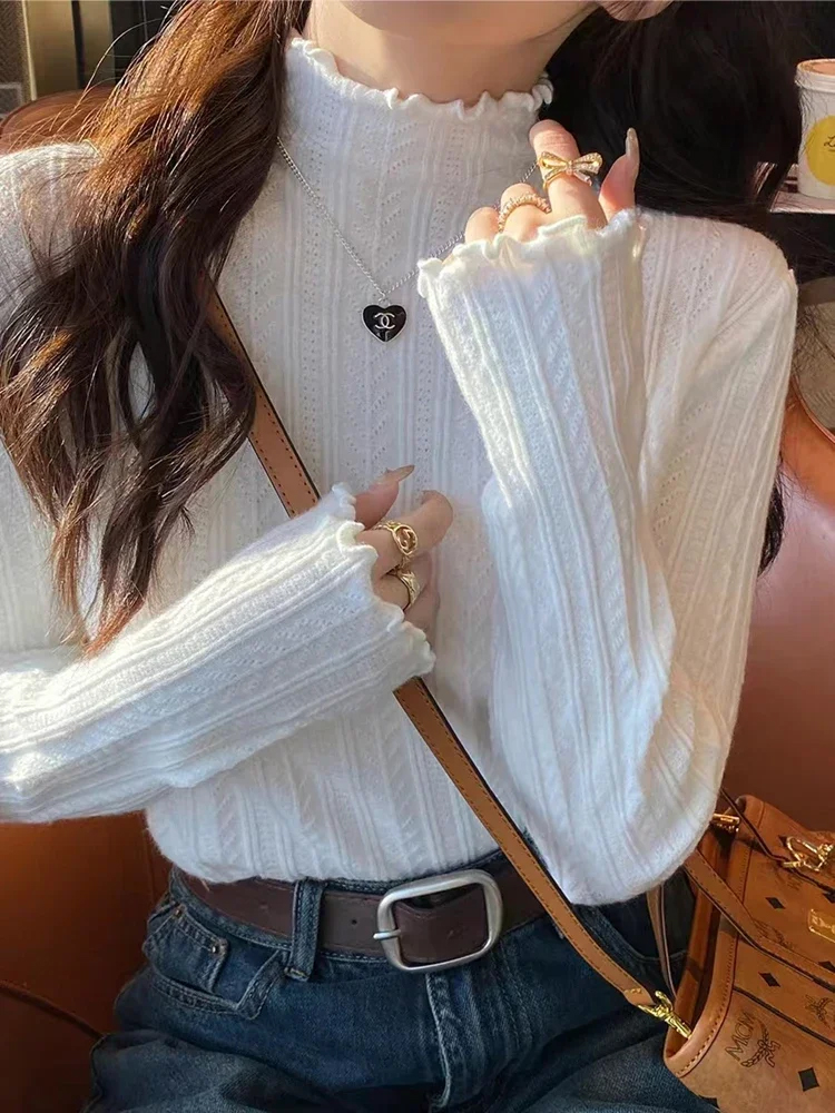 AliExpress New Women's Autumn and Winter Solid Color Ruffled Semi-turtleneck Long-sleeved Knitted Sweater Casual Women's Knitted Pullovers, view 6