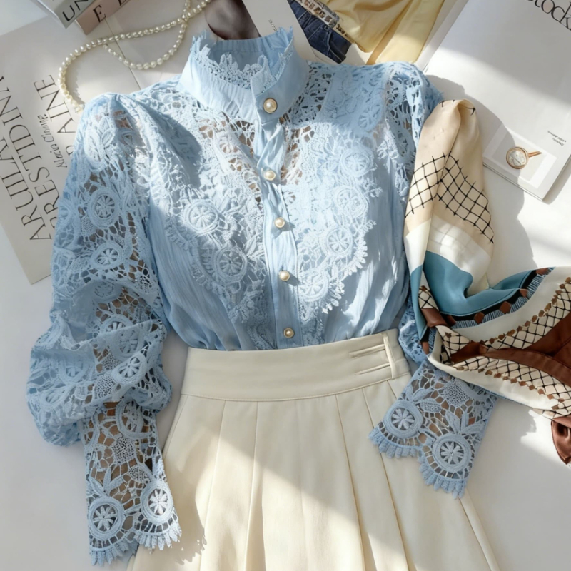 AliExpress New Women's Long Sleeve High Neck  Chic Blouse, Lace Paneled Hollow Sleeve Elegant Top, Vintage Fashion Office Lady Outfits