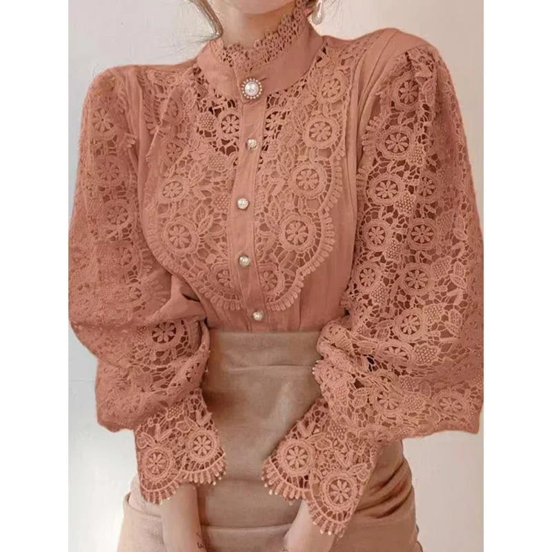 AliExpress New Women's Long Sleeve High Neck Chic Blouse, Lace Paneled Hollow Sleeve Elegant Top, Vintage Fashion Office Lady Outfits, view 4