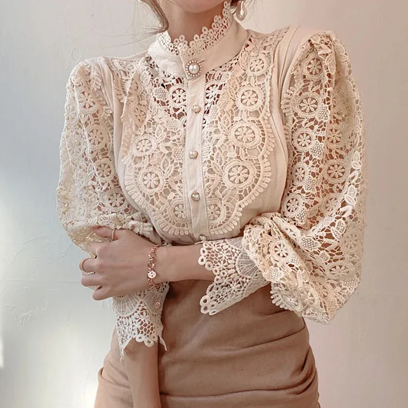 AliExpress New Women's Long Sleeve High Neck Chic Blouse, Lace Paneled Hollow Sleeve Elegant Top, Vintage Fashion Office Lady Outfits, view 5