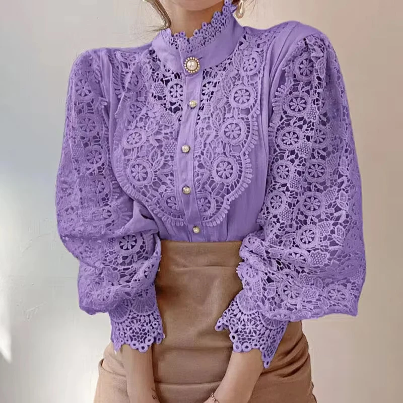 AliExpress New Women's Long Sleeve High Neck Chic Blouse, Lace Paneled Hollow Sleeve Elegant Top, Vintage Fashion Office Lady Outfits, view 6