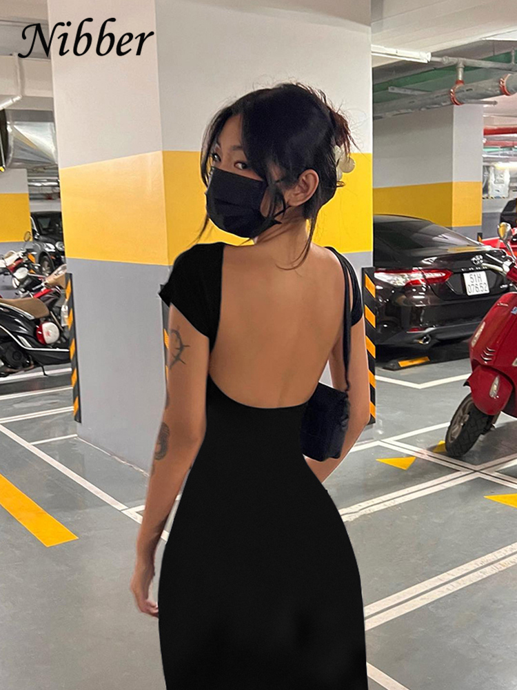 AliExpress Nibber Solid Sexy Backless Maxi Dress Women Elegant Elastic Slim Short Sleeve Long dresses Female Bodycon Streetwear Clothing, view 2