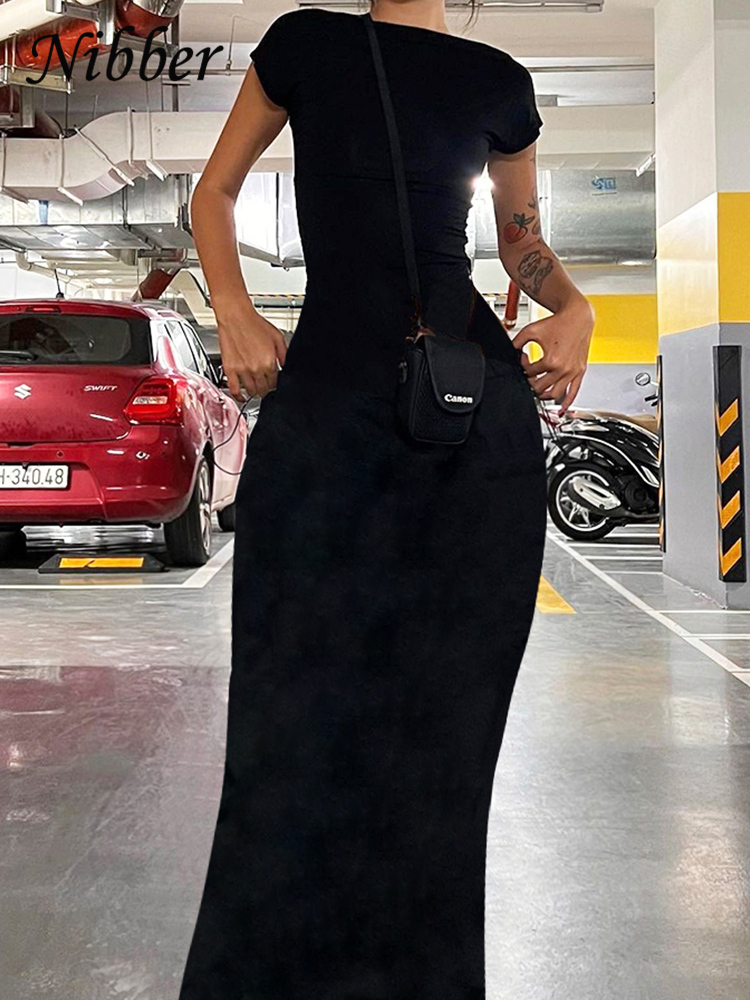 AliExpress Nibber Solid Sexy Backless Maxi Dress Women Elegant Elastic Slim Short Sleeve Long dresses Female Bodycon Streetwear Clothing, view 3