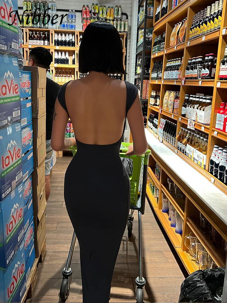 AliExpress Nibber Solid Sexy Backless Maxi Dress Women Elegant Elastic Slim Short Sleeve Long dresses Female Bodycon Streetwear Clothing, view 4